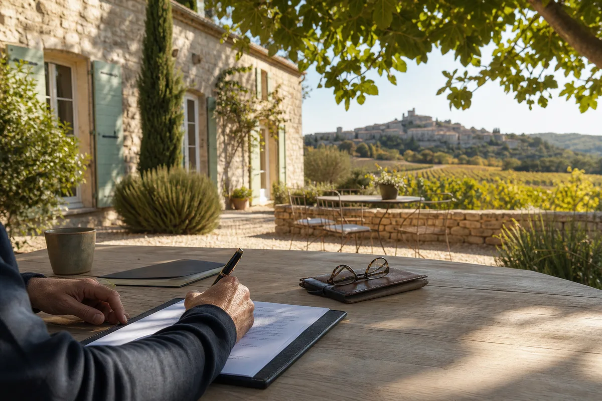 Signature d&rsquo;un mandat immobilier sur une table de travail en bois clair