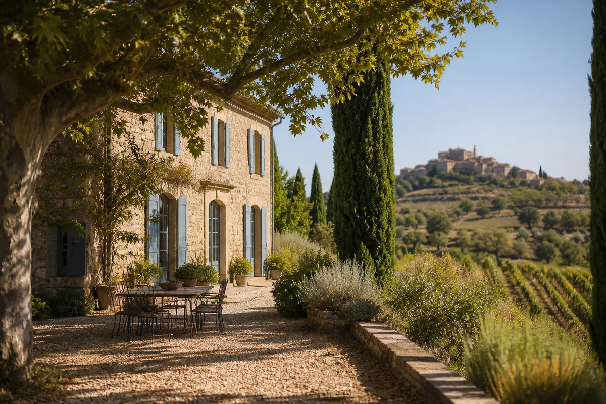 Façade d&rsquo;une demeure ancienne entourée de cyprès dans la campagne languedocienne