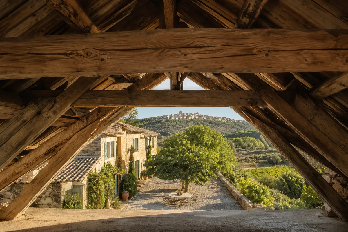 Charpente ancienne en bois d&rsquo;une grande demeure vue depuis les combles