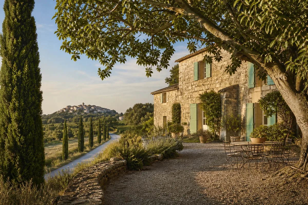 Mas en pierre au toit de tuiles entouré de garrigue et de cyprès sous une lumière de fin de journée