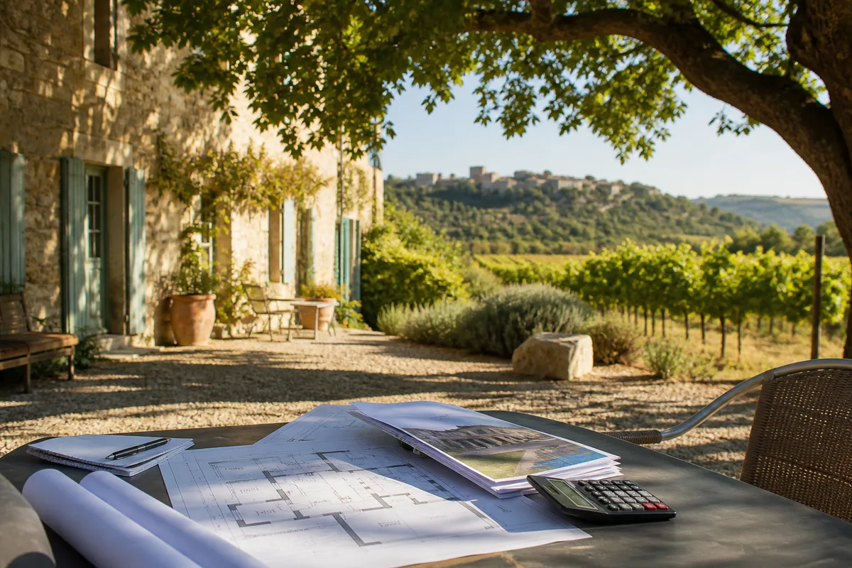 Table de travail avec plans, diagnostics et calculatrice pour un achat immobilier