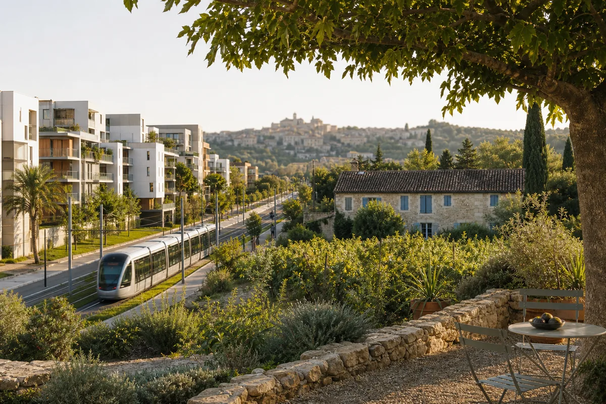 Ligne de tramway longeant des immeubles récents dans le nord-est montpelliérain