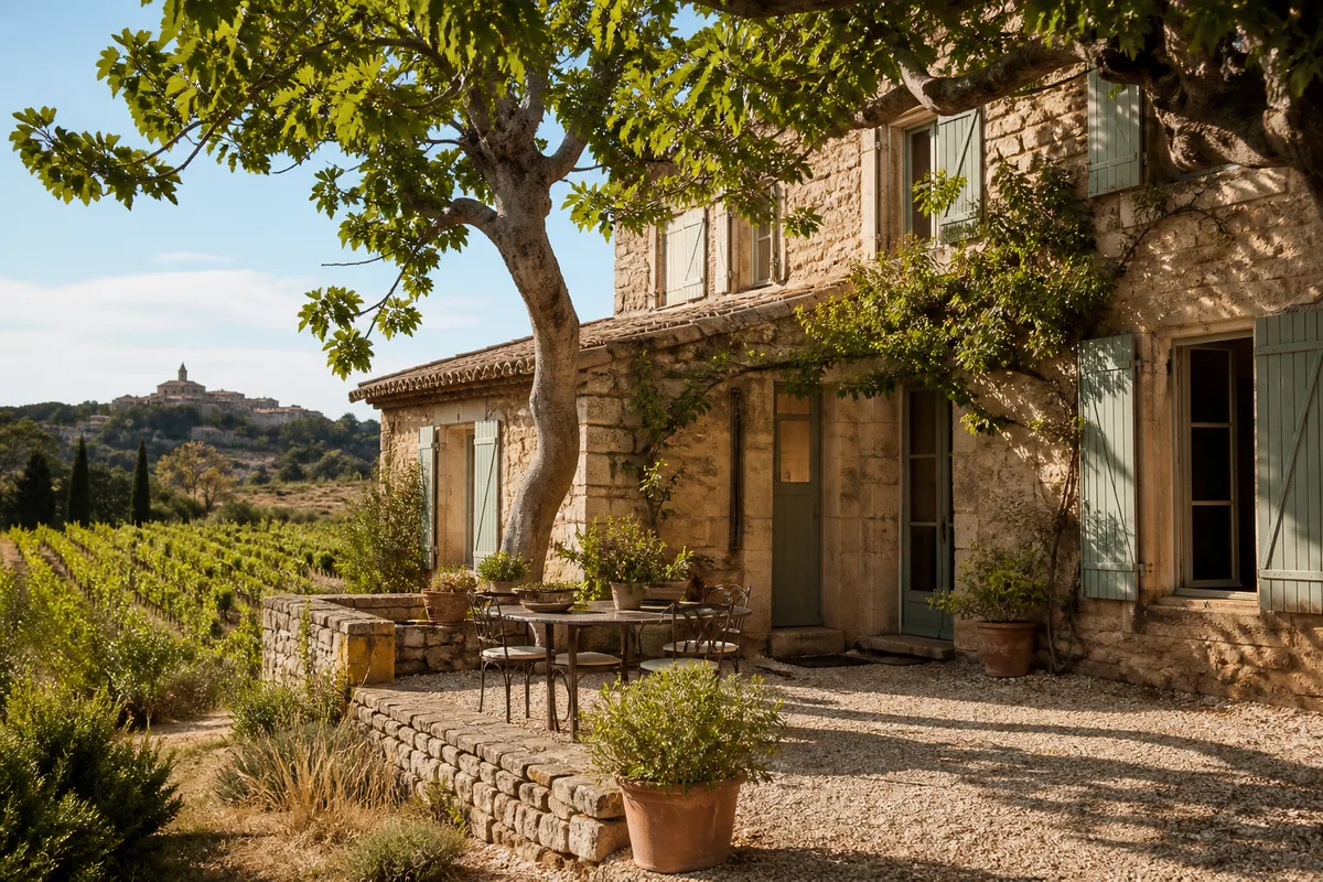 Maison en pierre avec volets clairs dans un village viticole de l&rsquo;Hérault