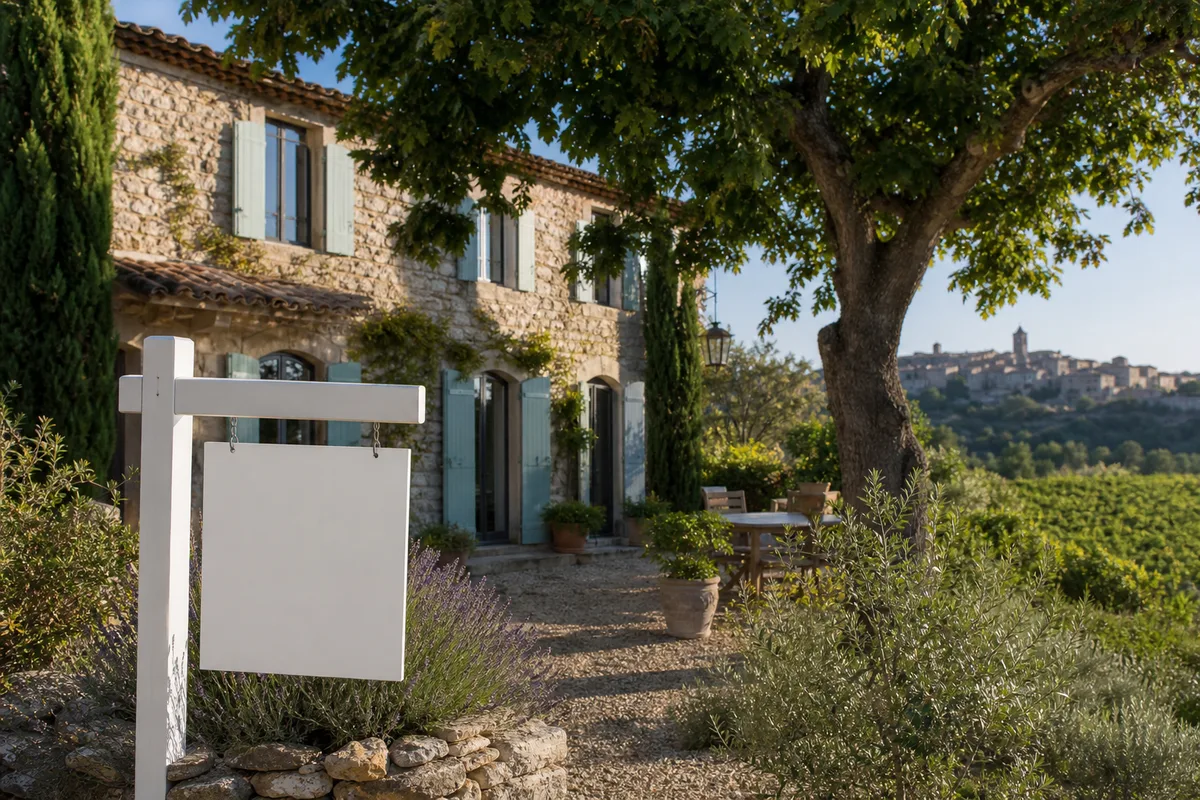 Panneau de vente devant une maison avec jardin dans un village héraultais