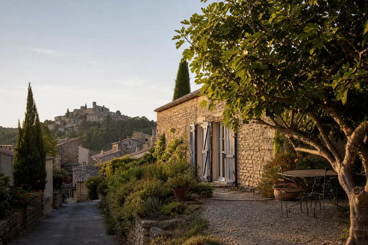 Rue de village bordée de maisons en pierre calcaire dans l&rsquo;Hérault