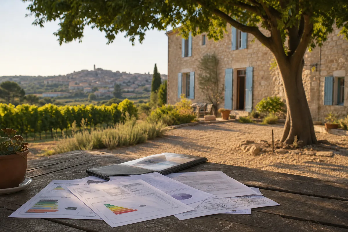 Documents de diagnostics immobiliers étalés sur une table en bois